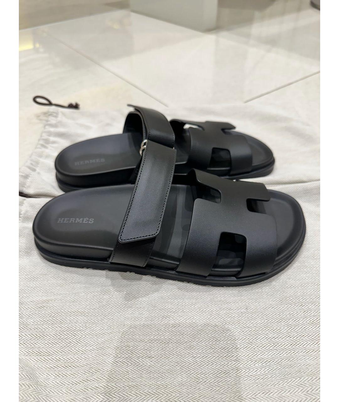 HERMES Черные кожаные шлепанцы, фото 6