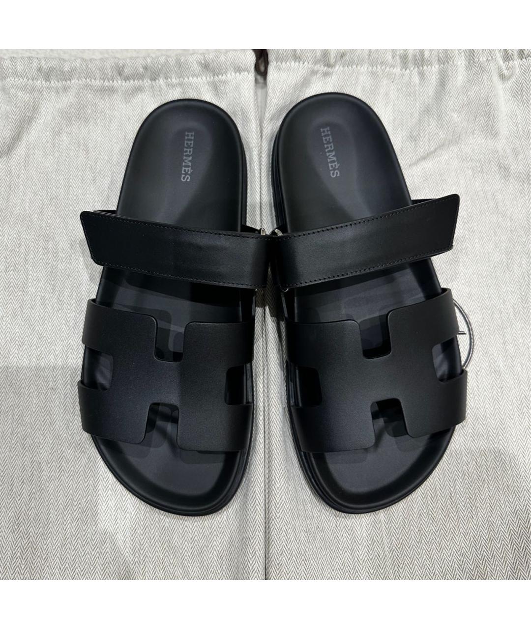 HERMES Черные кожаные шлепанцы, фото 3