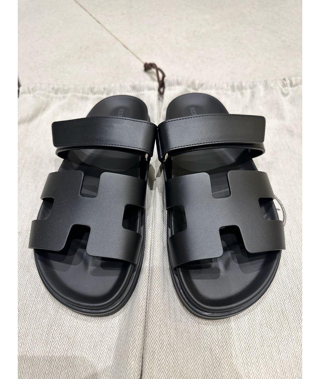 HERMES Черные кожаные шлепанцы, фото 2