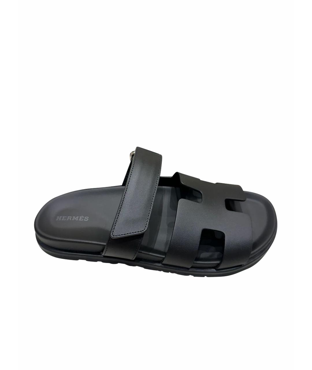 HERMES Черные кожаные шлепанцы, фото 1