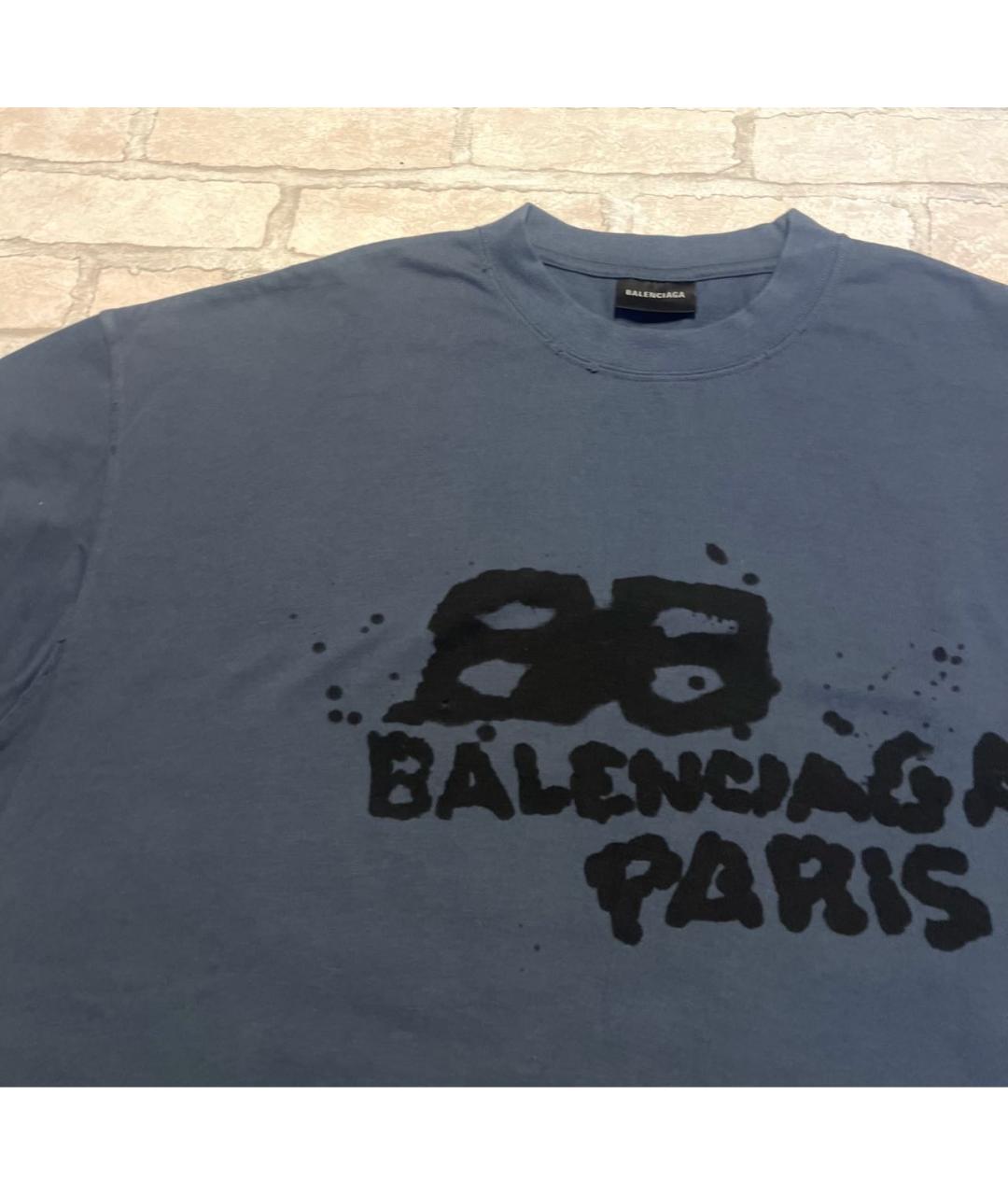 BALENCIAGA Темно-синяя хлопковая футболка, фото 5