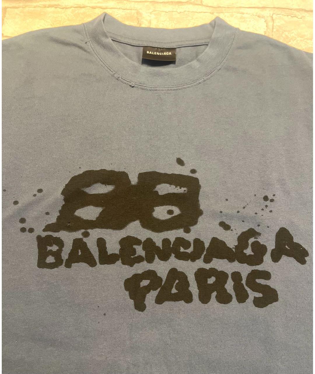 BALENCIAGA Темно-синяя хлопковая футболка, фото 3