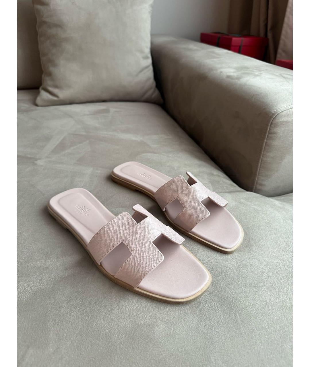 HERMES Розовые кожаные шлепанцы, фото 6