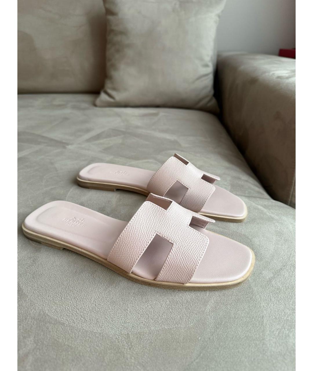 HERMES Розовые кожаные шлепанцы, фото 4