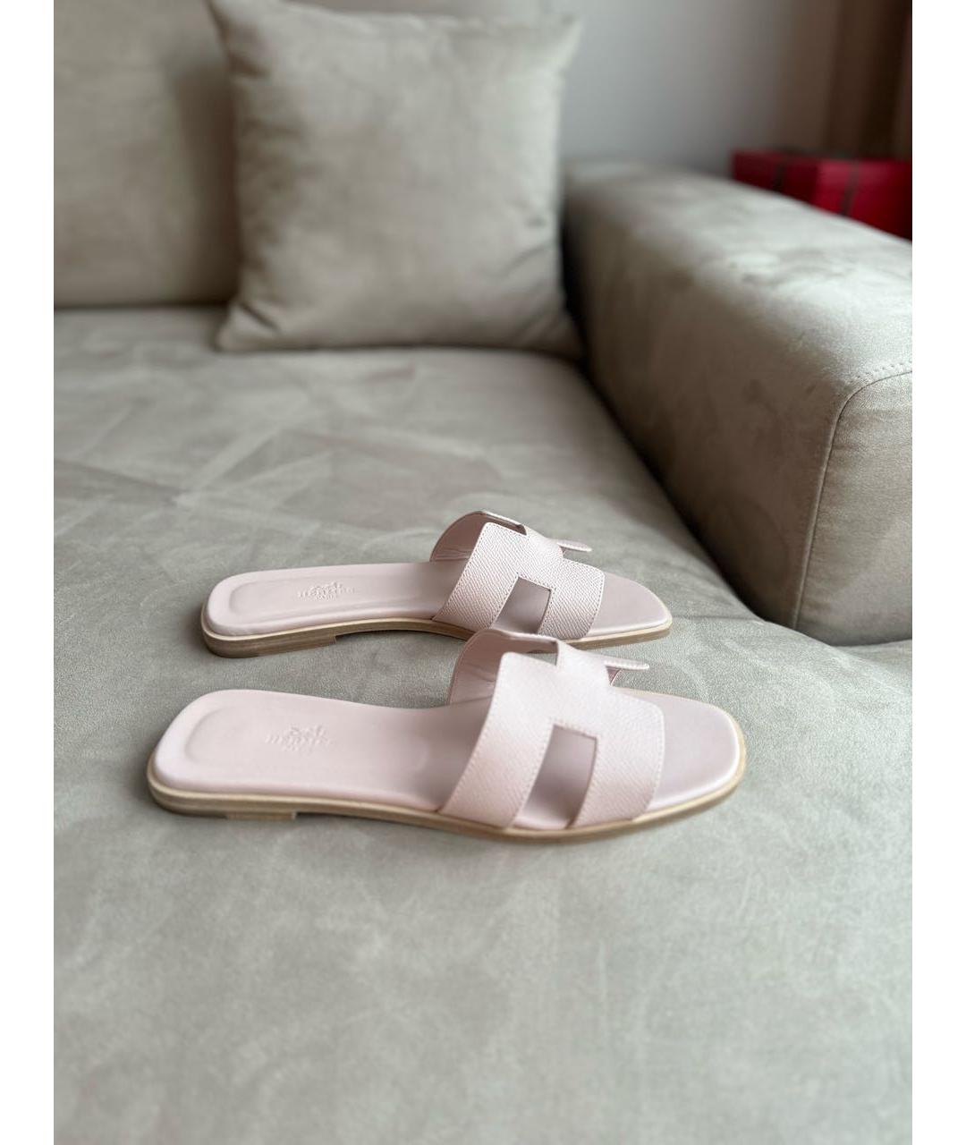 HERMES Розовые кожаные шлепанцы, фото 2
