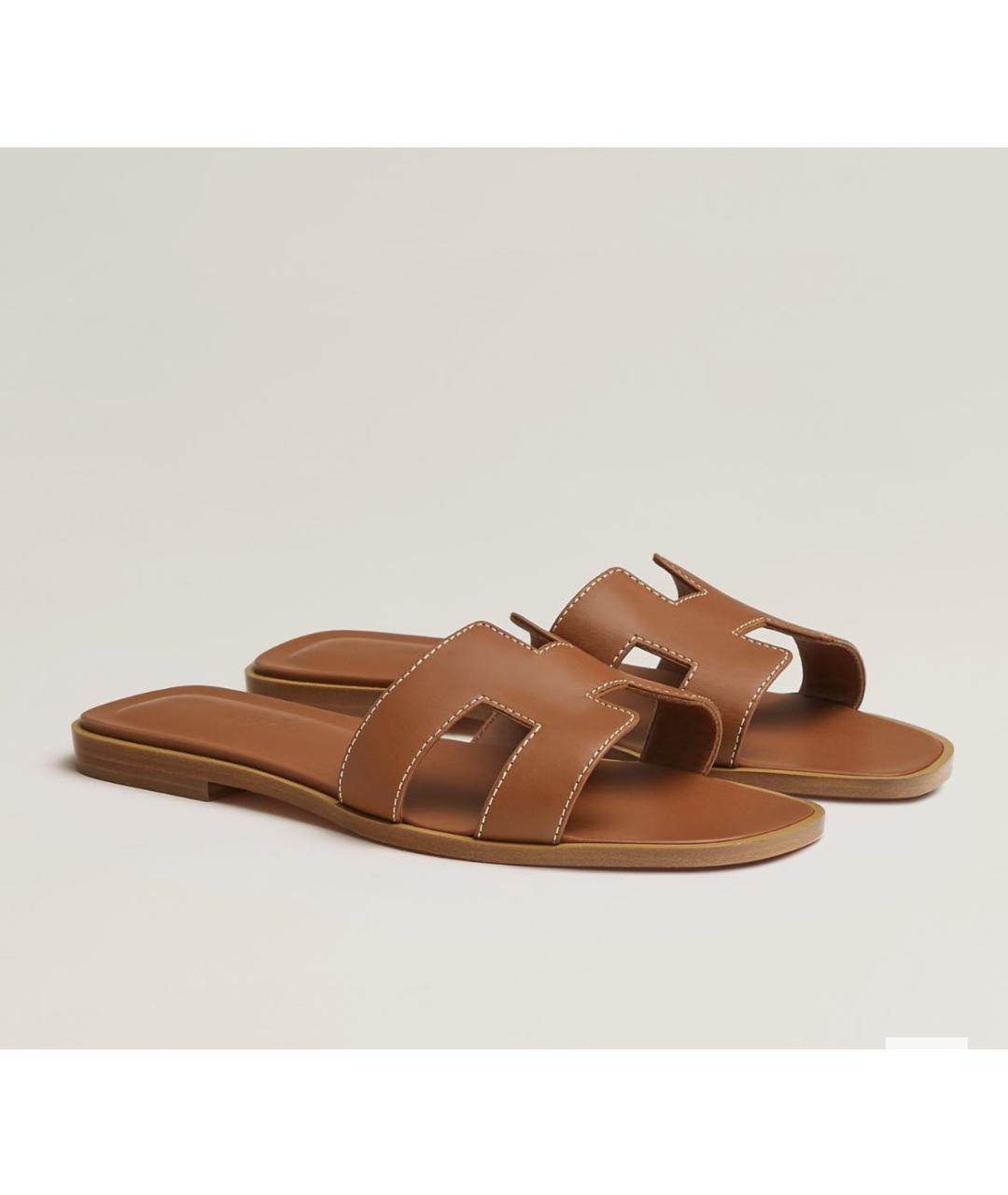 HERMES Коричневые кожаные шлепанцы, фото 2