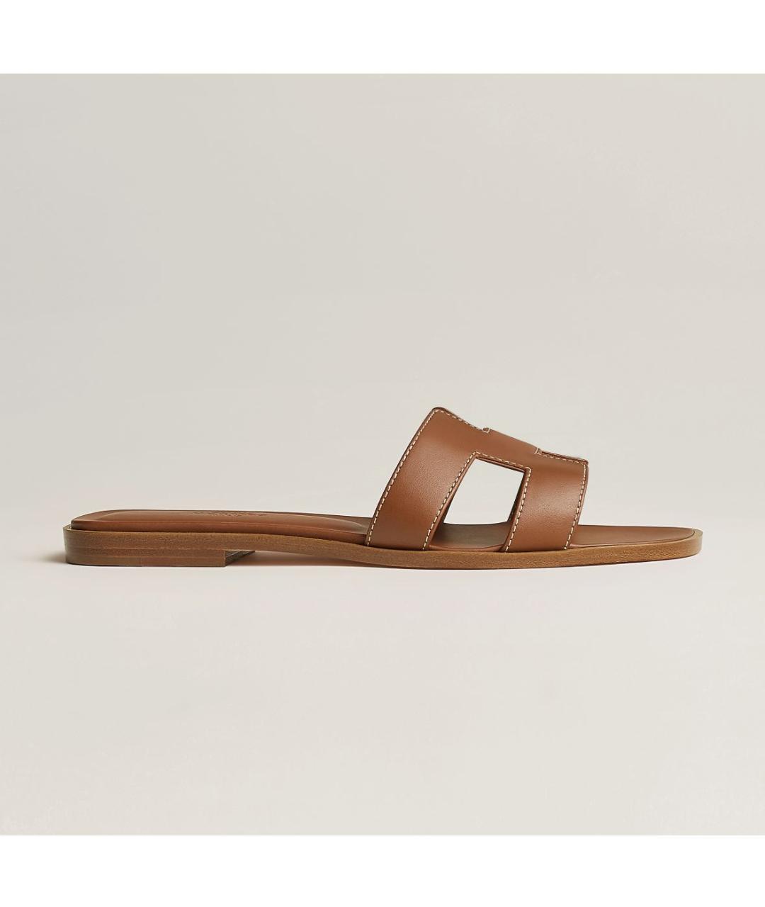 HERMES Коричневые кожаные шлепанцы, фото 5