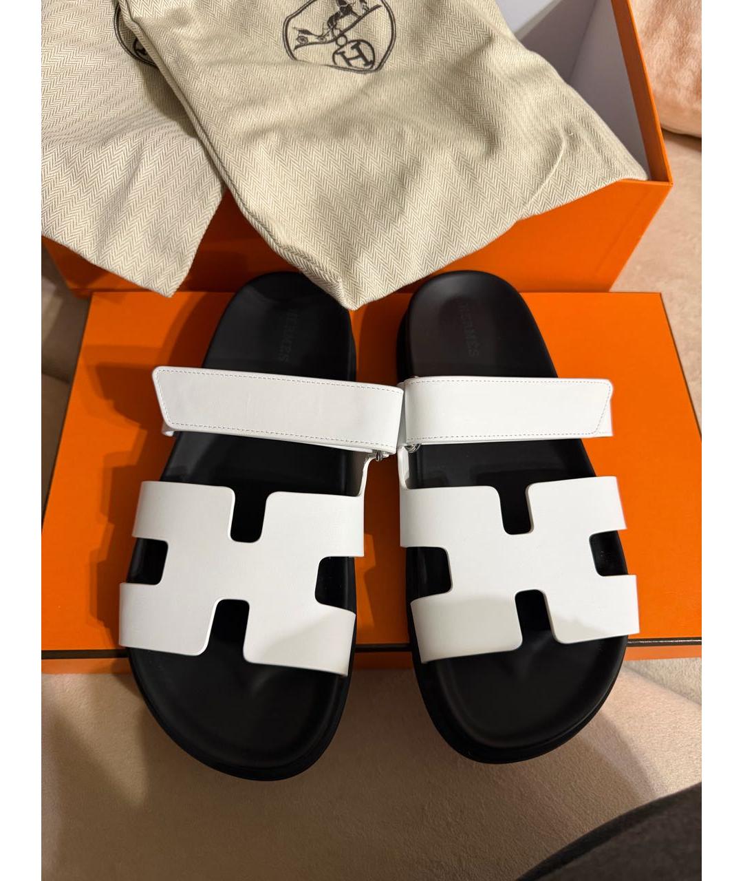 HERMES Белые кожаные шлепанцы, фото 3