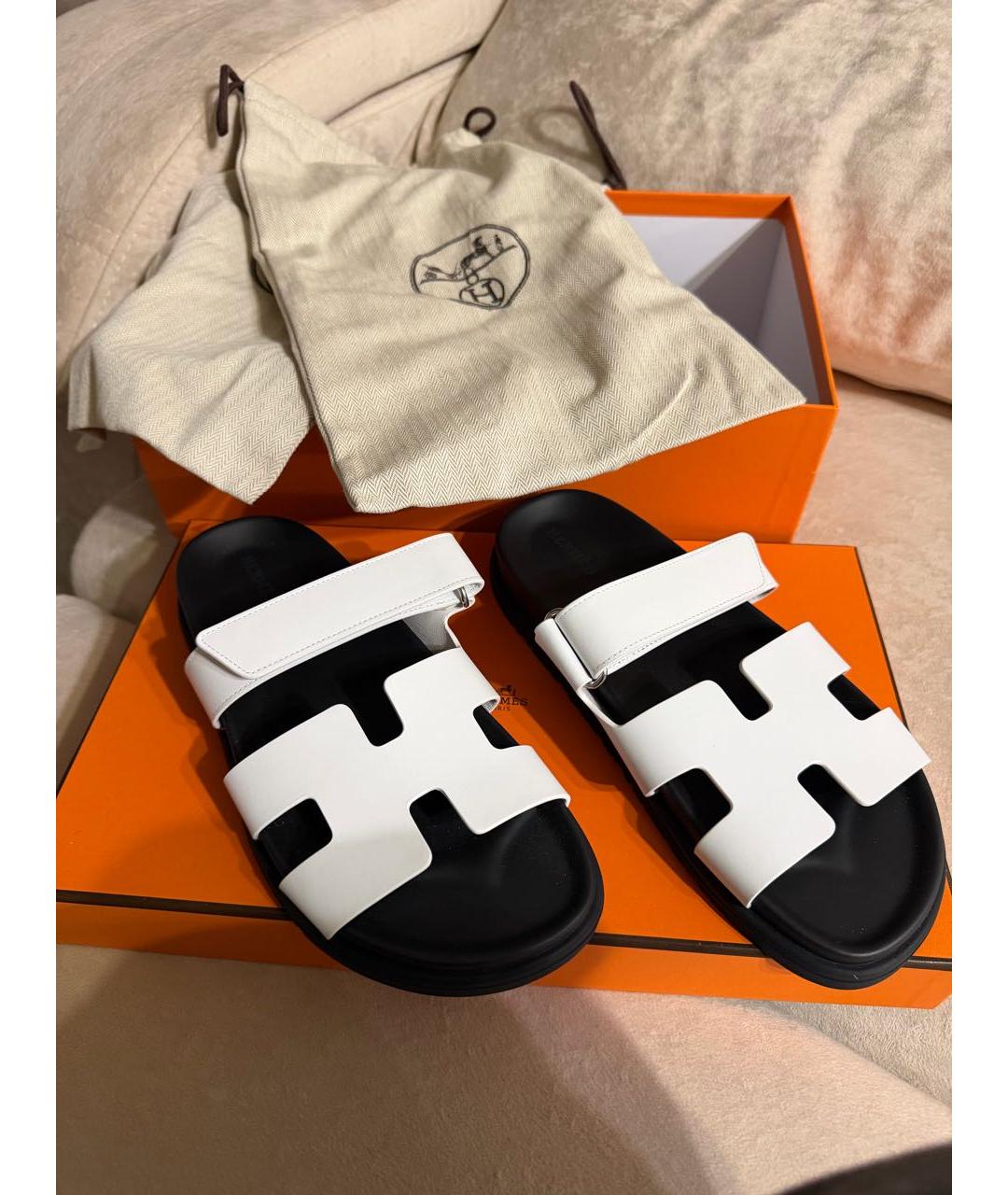 HERMES Белые кожаные шлепанцы, фото 2