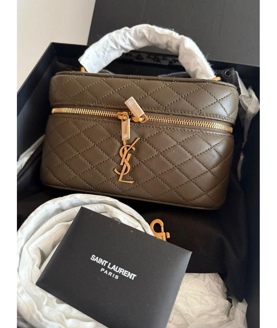 SAINT LAURENT Хаки кожаная сумка с короткими ручками, фото 3