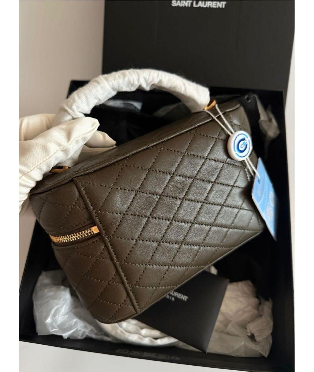 SAINT LAURENT Хаки кожаная сумка с короткими ручками, фото 4