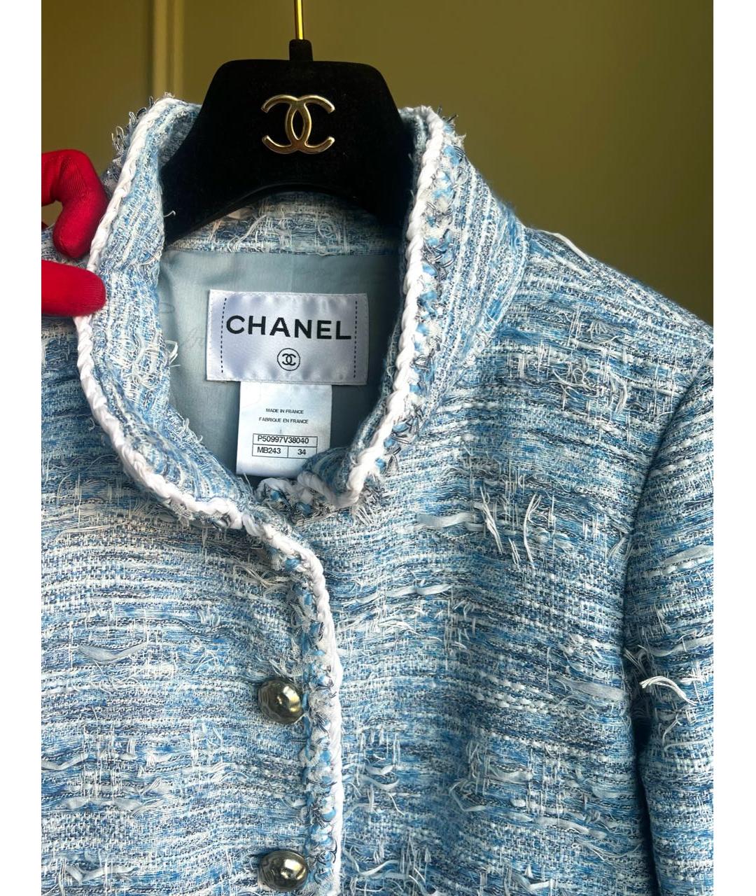 CHANEL Голубой твидовый жакет/пиджак, фото 6