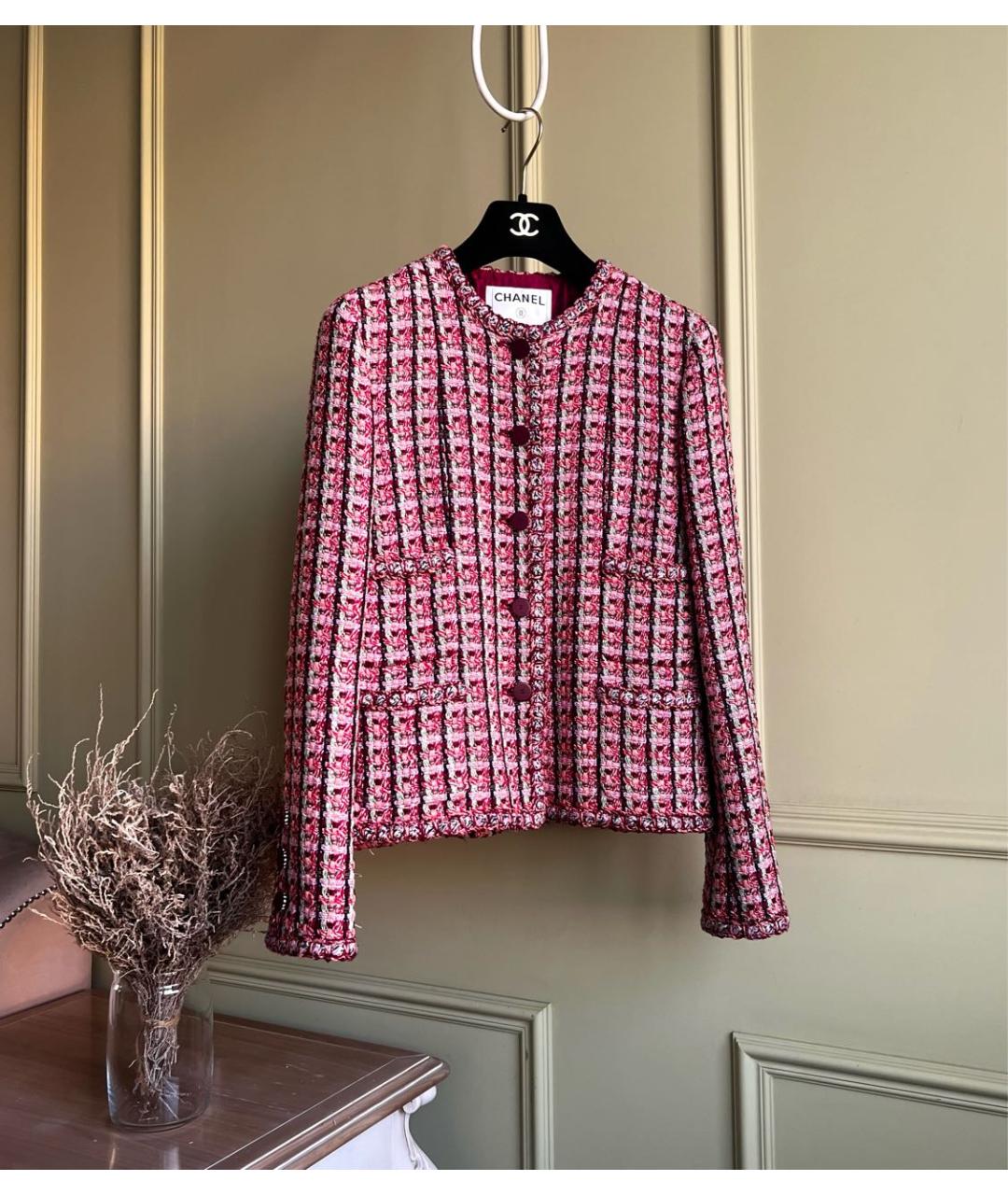 CHANEL Бордовый твидовый жакет/пиджак, фото 9