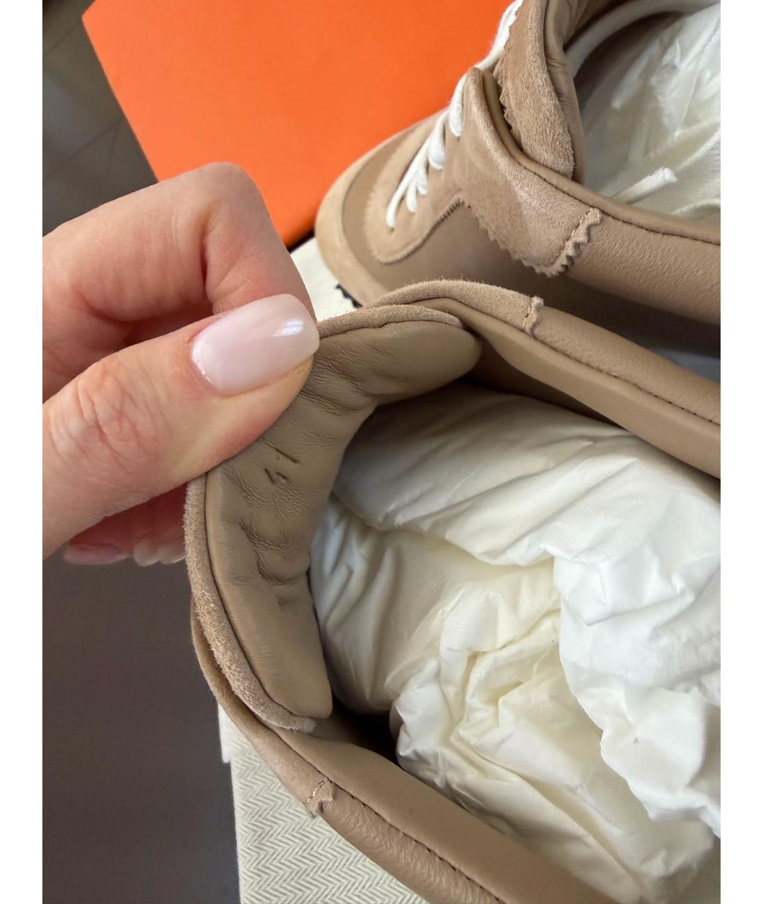 HERMES Бежевые кожаные кроссовки, фото 6