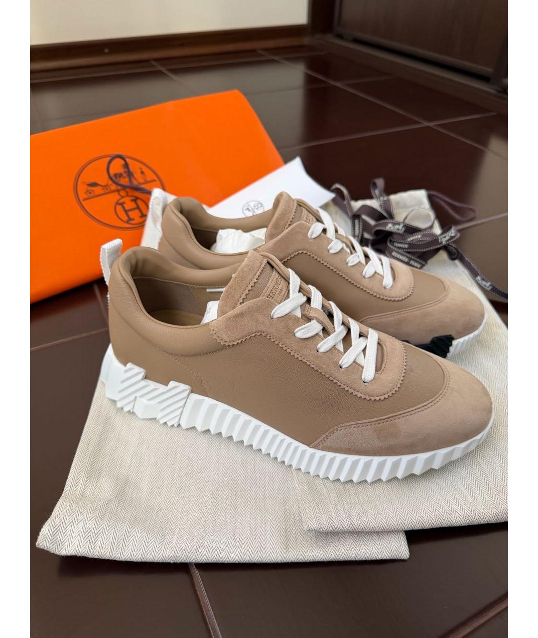 HERMES Бежевые кожаные кроссовки, фото 7
