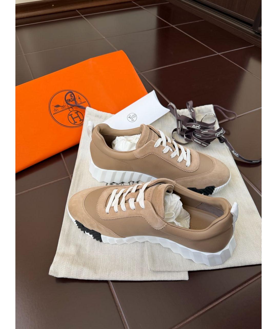 HERMES Бежевые кожаные кроссовки, фото 3