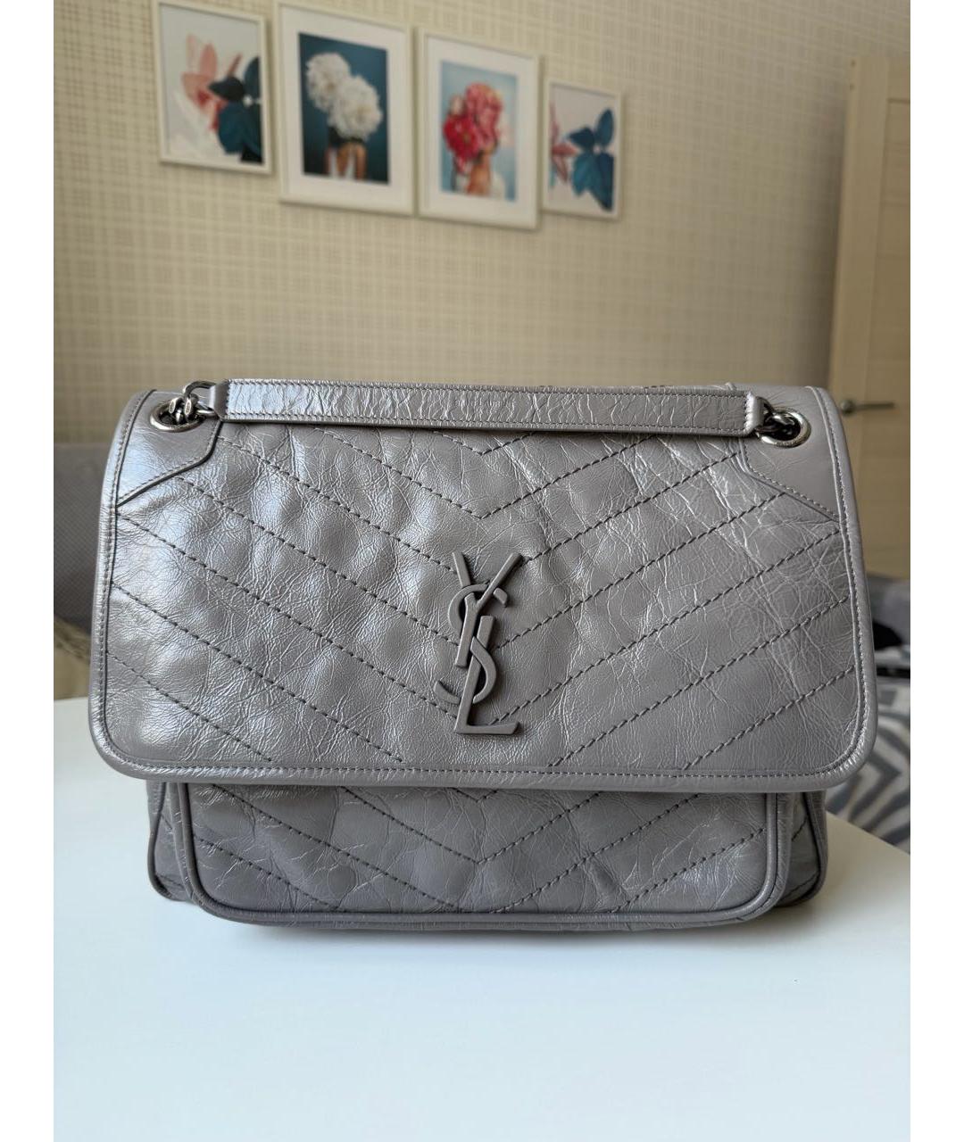 SAINT LAURENT Серая кожаная сумка через плечо, фото 9