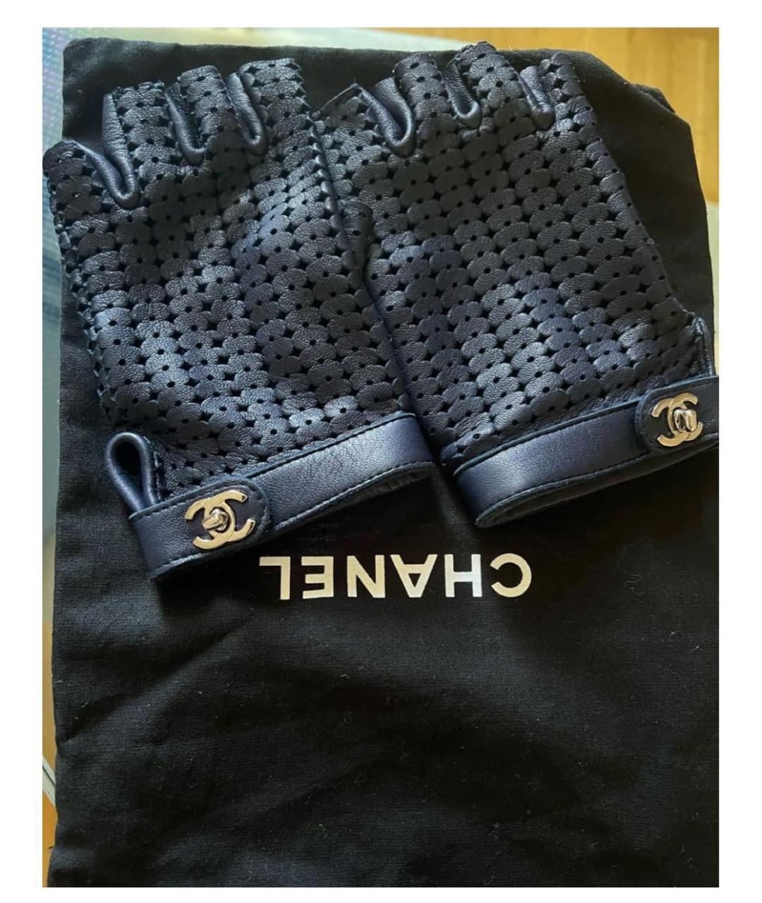 CHANEL Темно-синие кожаные митенки, фото 3