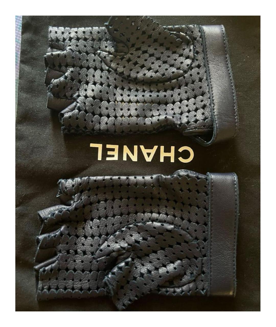 CHANEL Темно-синие кожаные митенки, фото 5