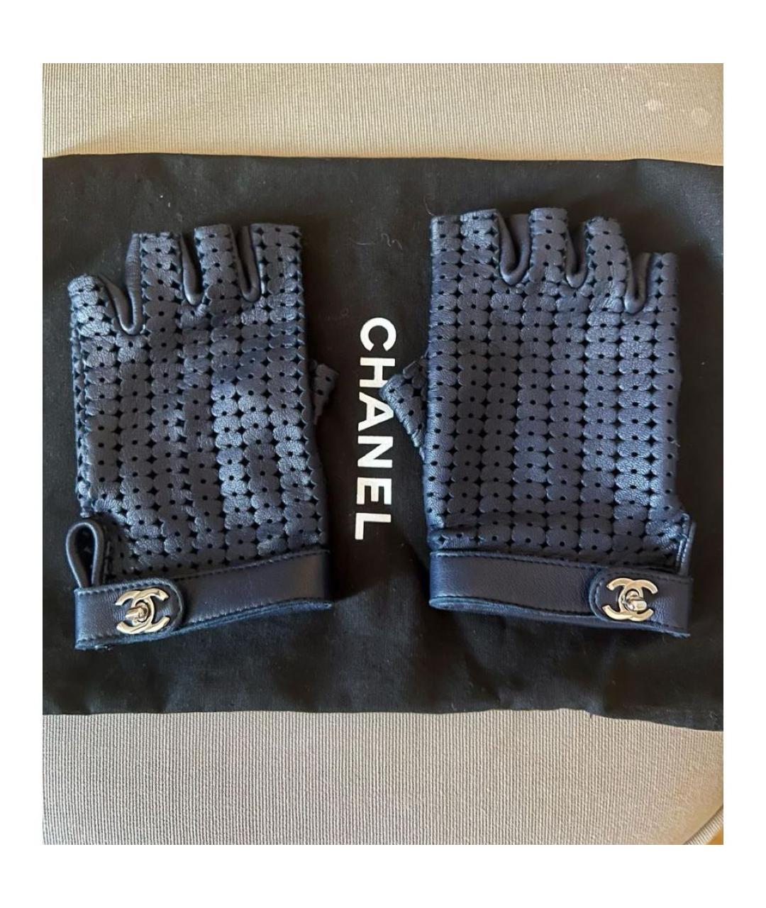 CHANEL Темно-синие кожаные митенки, фото 6
