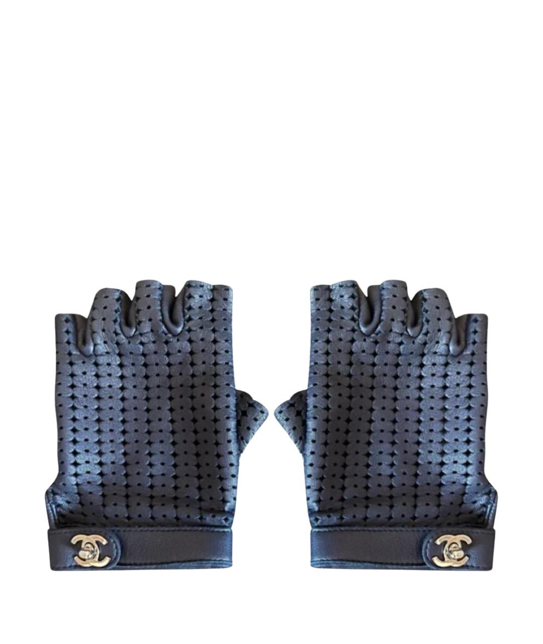 CHANEL Темно-синие кожаные митенки, фото 1