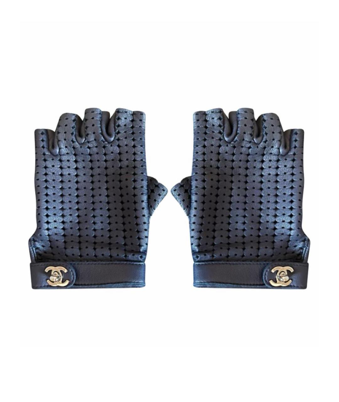 CHANEL Темно-синие кожаные митенки, фото 7