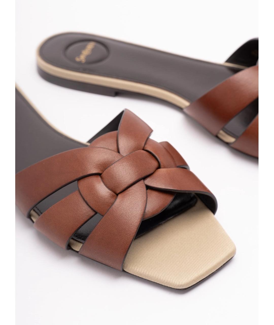 SAINT LAURENT Коричневые кожаные шлепанцы, фото 4