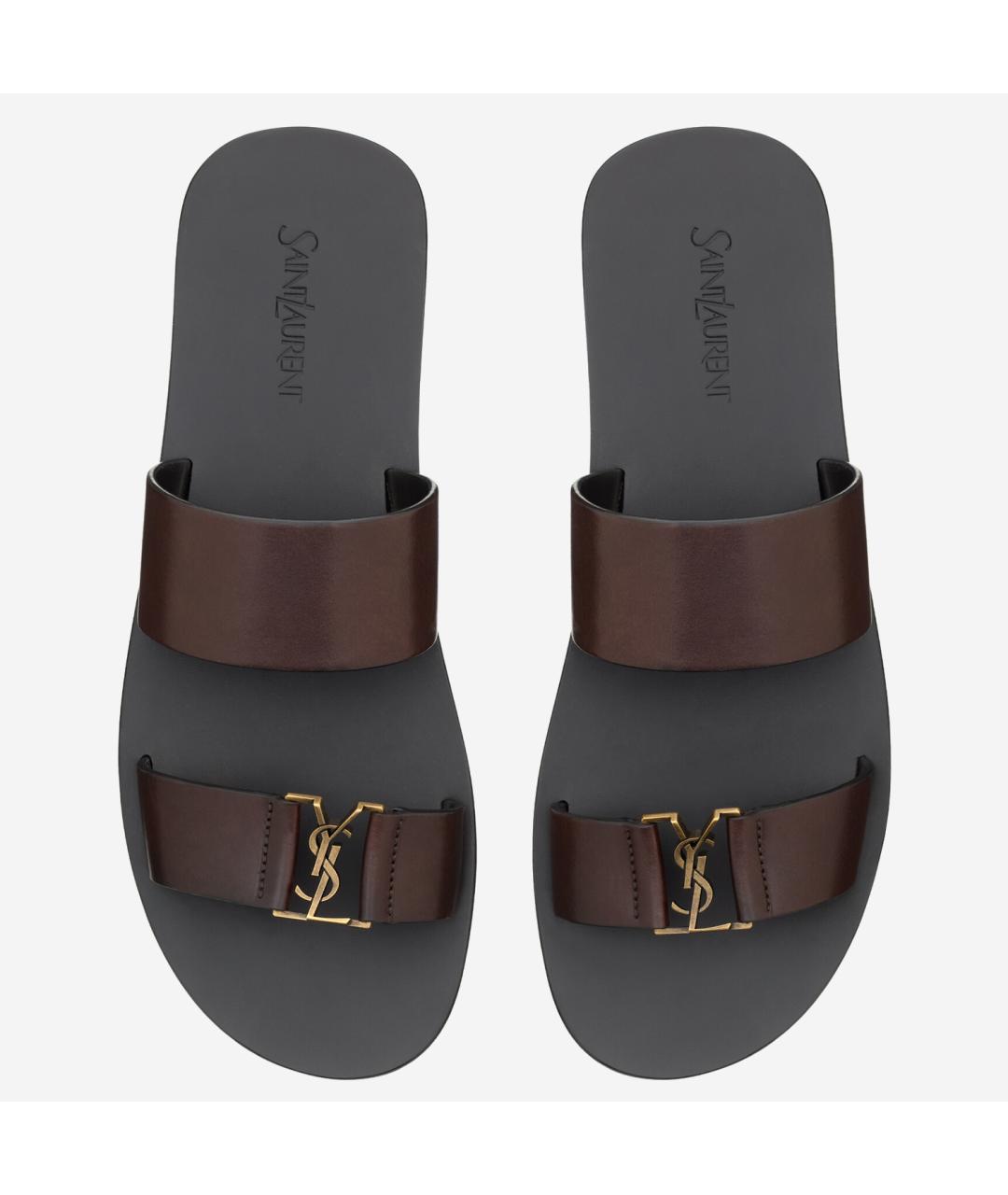SAINT LAURENT Коричневые кожаные шлепанцы, фото 2