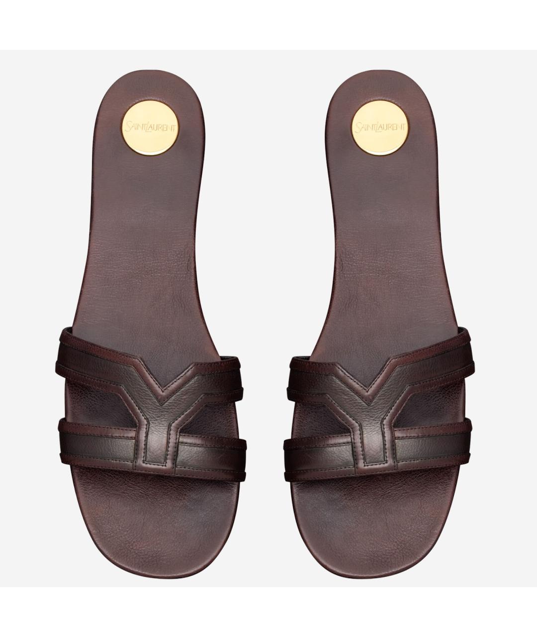 SAINT LAURENT Коричневые кожаные шлепанцы, фото 2