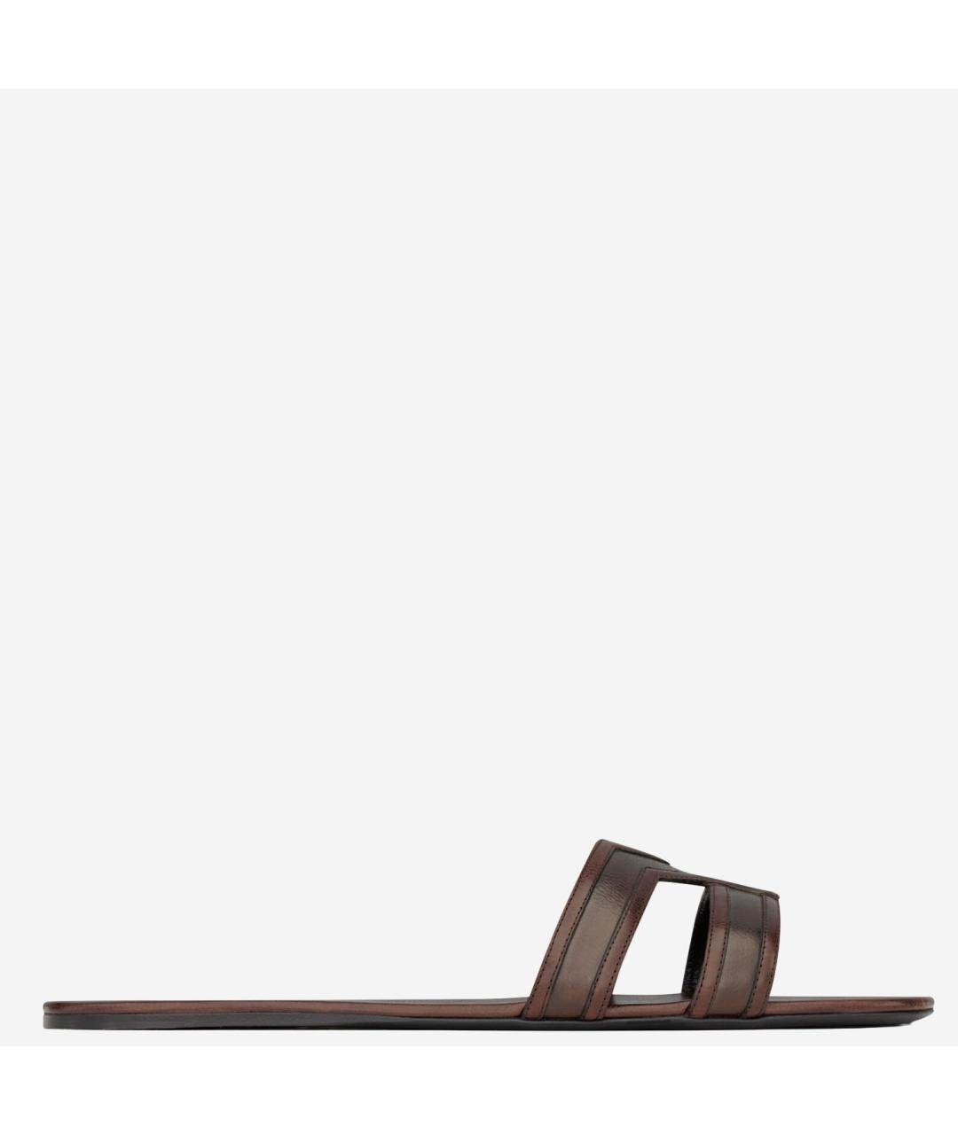 SAINT LAURENT Коричневые кожаные шлепанцы, фото 5