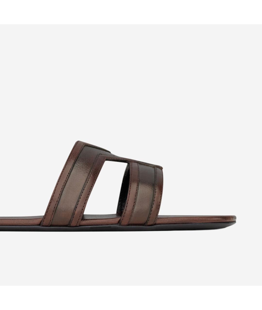 SAINT LAURENT Коричневые кожаные шлепанцы, фото 4
