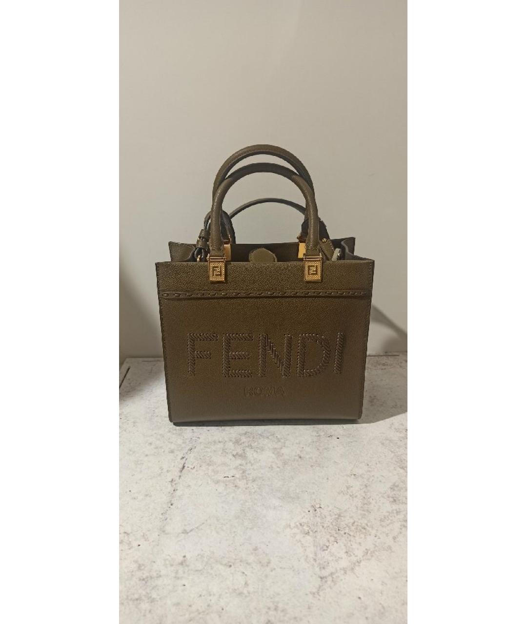 FENDI Хаки кожаная сумка с короткими ручками, фото 8