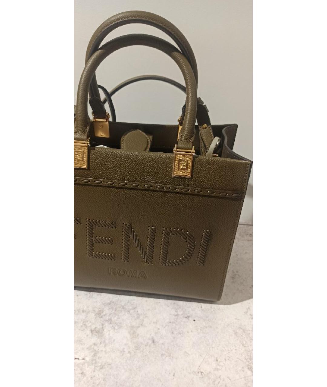 FENDI Хаки кожаная сумка с короткими ручками, фото 4