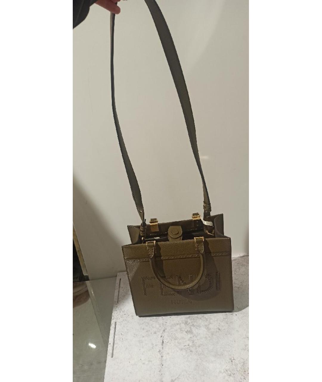 FENDI Хаки кожаная сумка с короткими ручками, фото 6