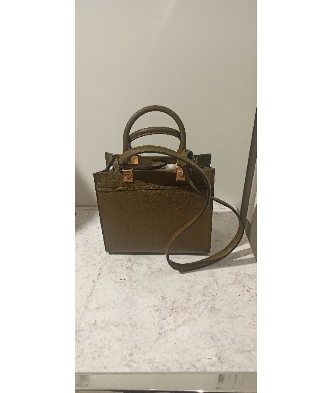 FENDI Хаки кожаная сумка с короткими ручками, фото 3