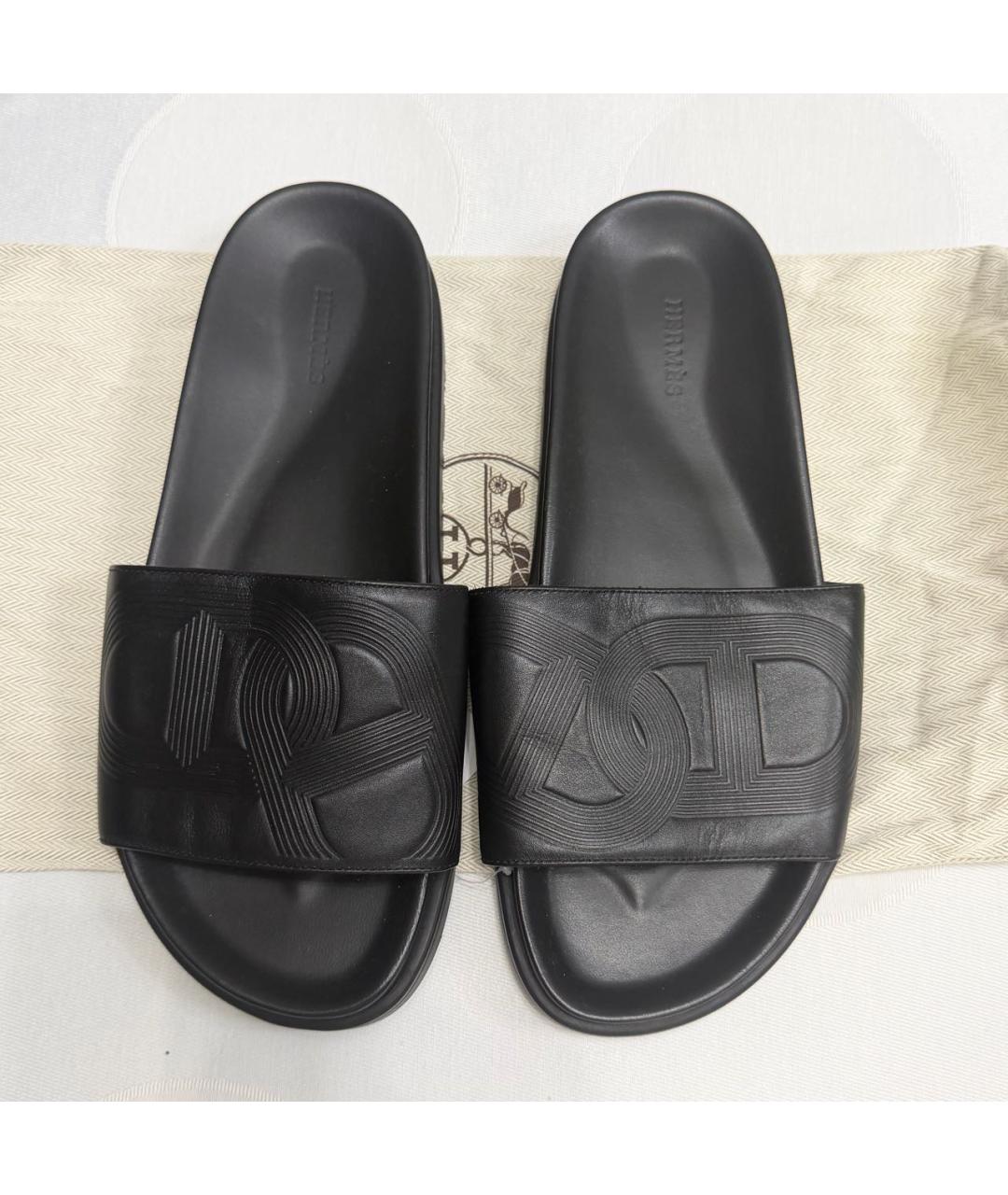 HERMES Черные кожаные шлепанцы, фото 3
