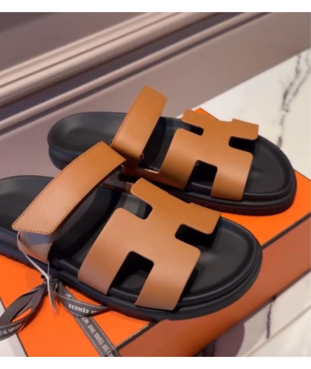 HERMES Коричневые кожаные шлепанцы, фото 2