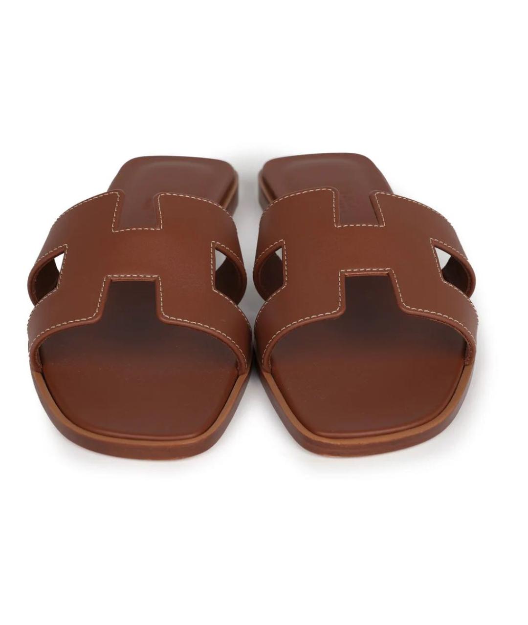HERMES Коричневые кожаные шлепанцы, фото 4