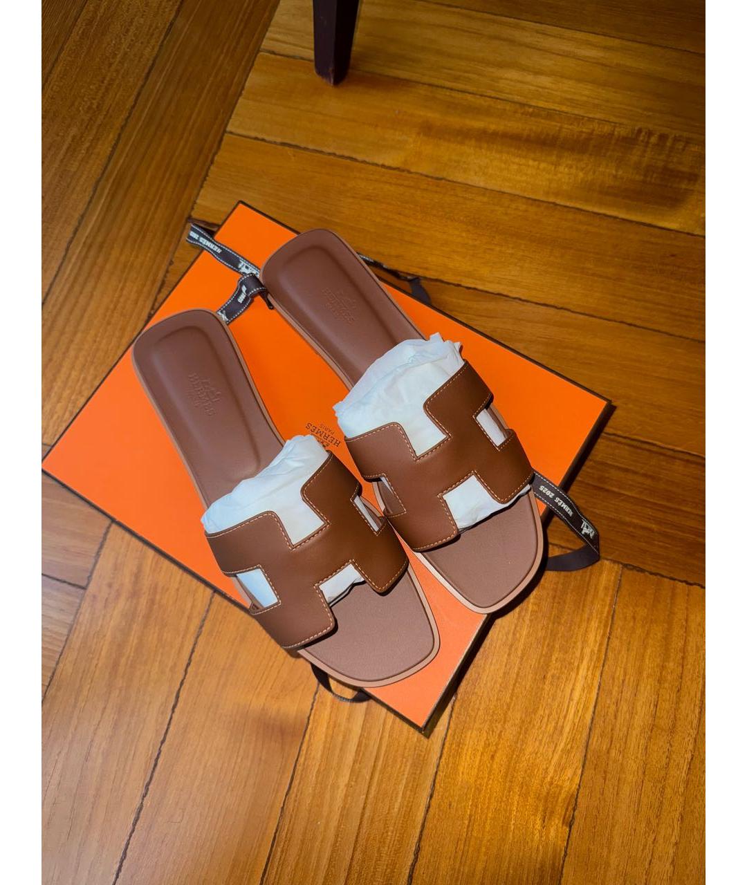 HERMES Коричневые кожаные шлепанцы, фото 3