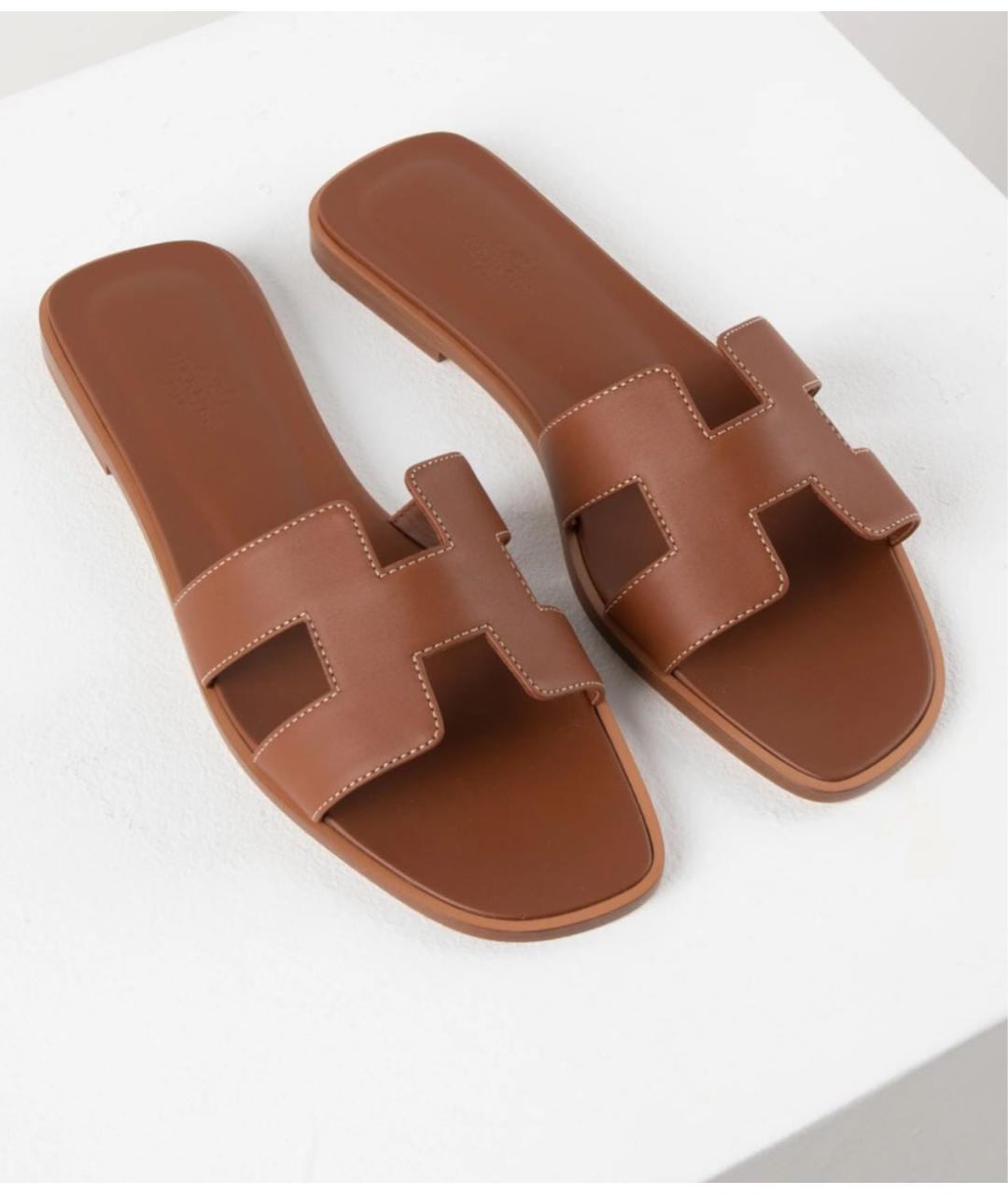 HERMES Коричневые кожаные шлепанцы, фото 2