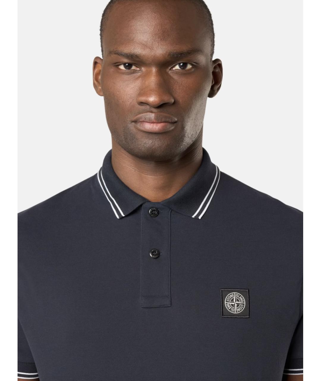STONE ISLAND Темно-синее хлопко-эластановое поло с коротким рукавом, фото 3
