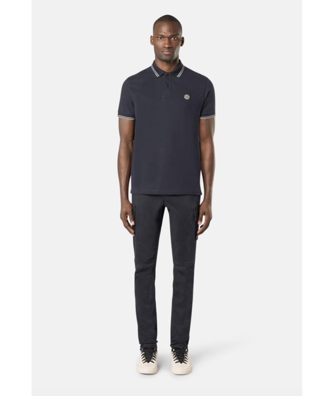 STONE ISLAND Темно-синее хлопко-эластановое поло с коротким рукавом, фото 2