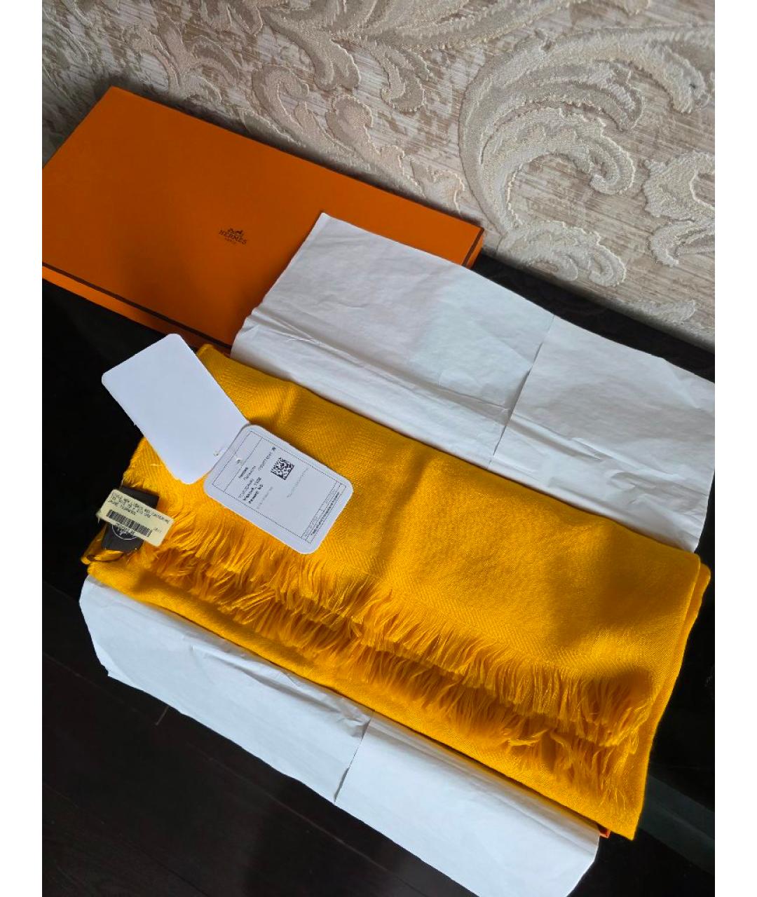 HERMES Желтый кашемировый шарф, фото 3
