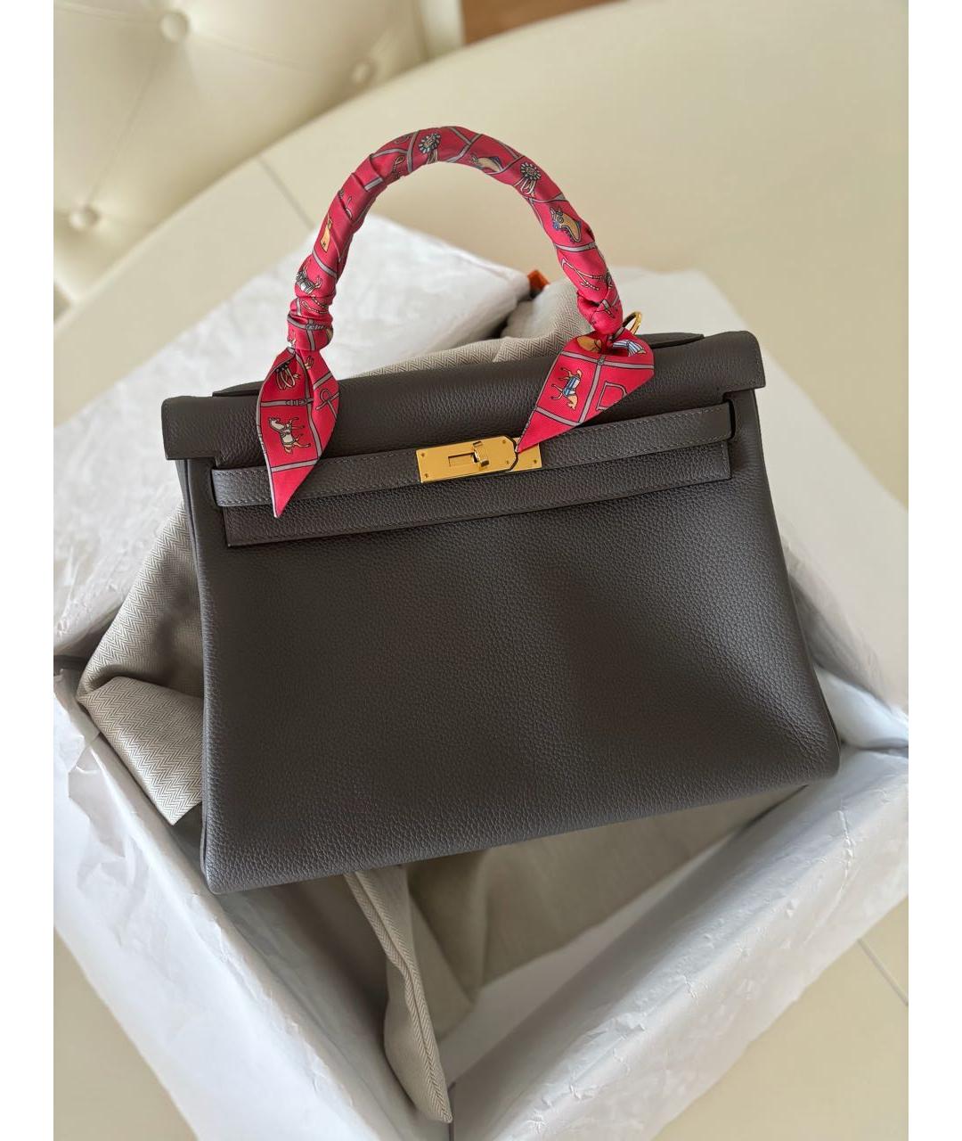 HERMES Серая кожаная сумка с короткими ручками, фото 8