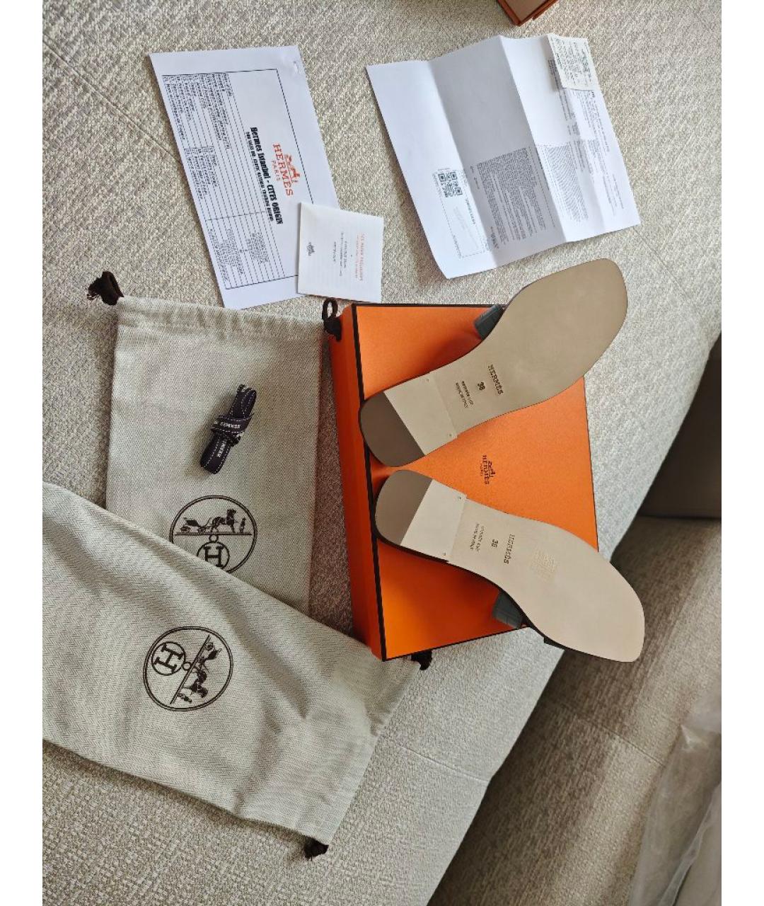 HERMES Серые шлепанцы из экзотической кожи, фото 6