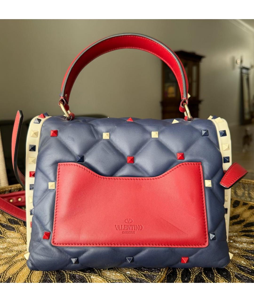 VALENTINO Темно-синяя кожаная сумка с короткими ручками, фото 3
