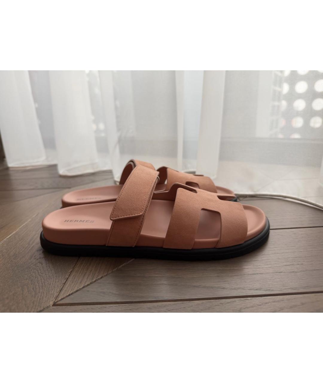 HERMES Коралловые замшевые шлепанцы, фото 5