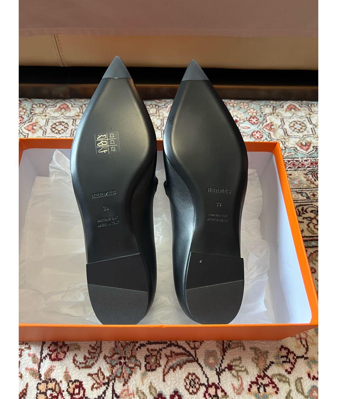 HERMES Черные кожаные лодочки на низком каблуке, фото 5
