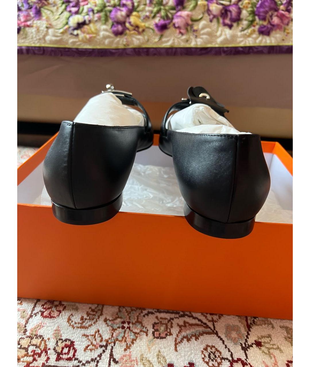 HERMES Черные кожаные лодочки на низком каблуке, фото 4