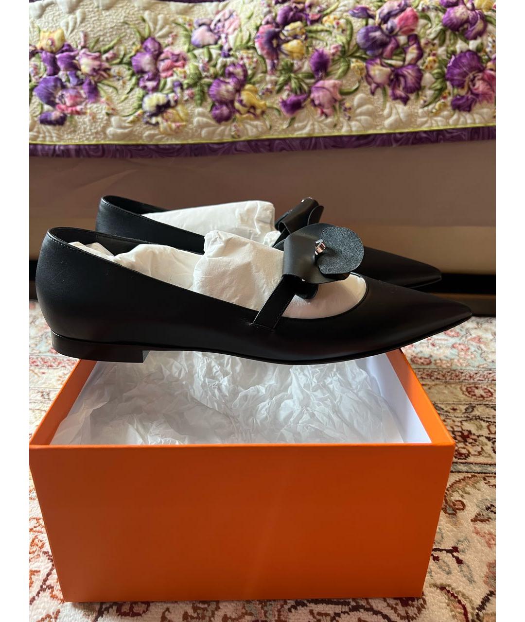 HERMES Черные кожаные лодочки на низком каблуке, фото 8